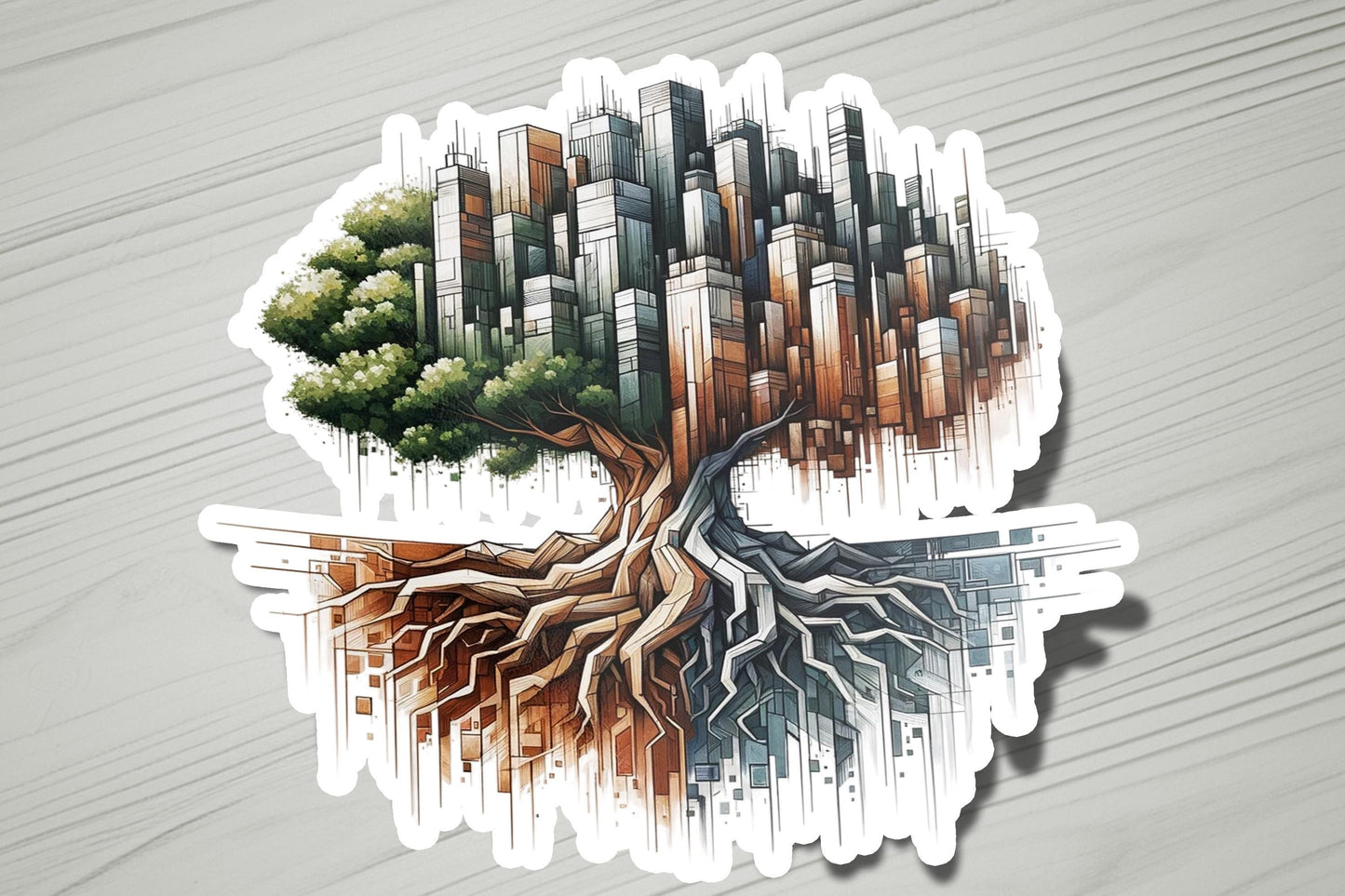 a sticker of a tree with a city in the background