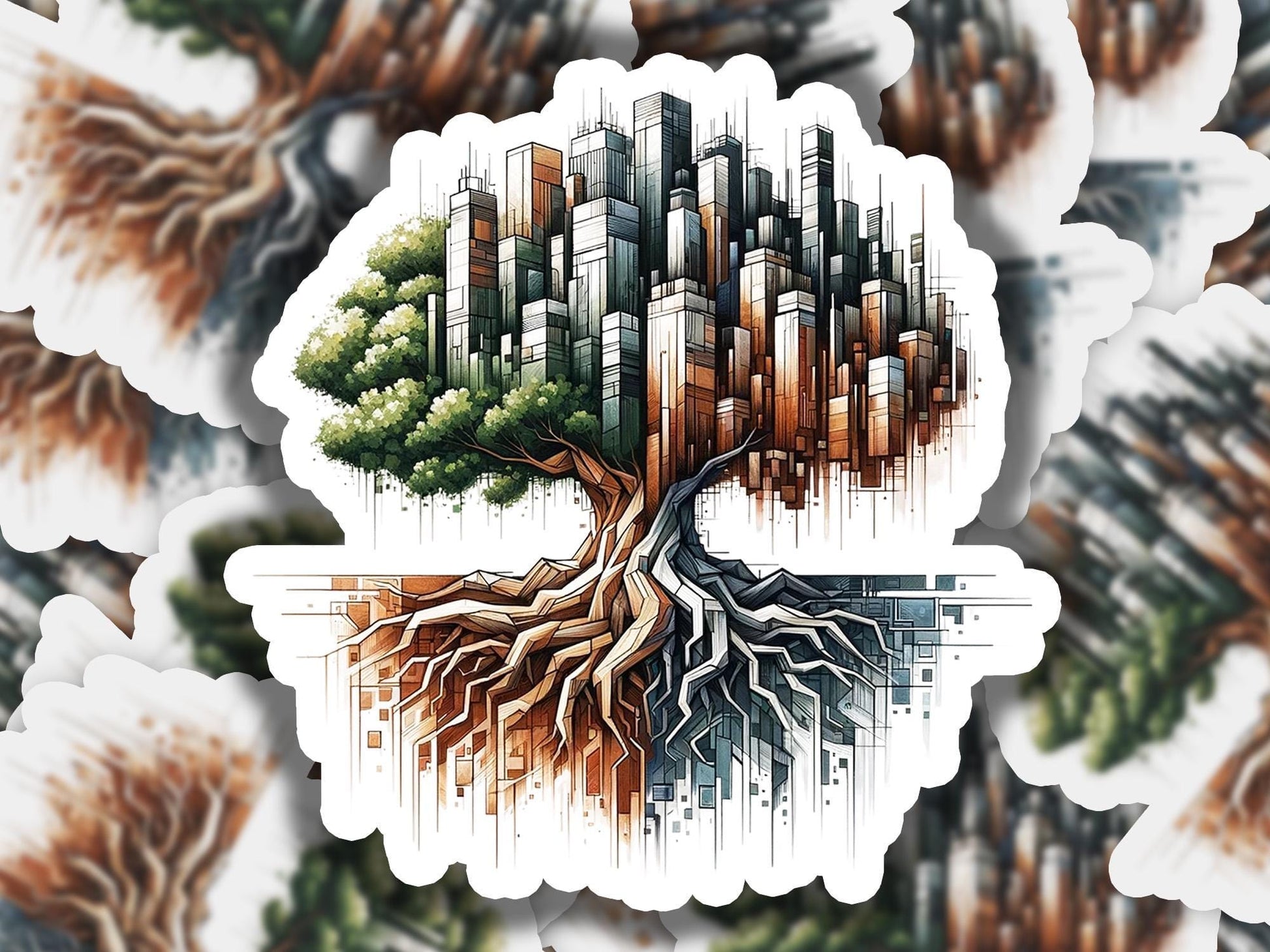 a drawing of a tree with a city in the background