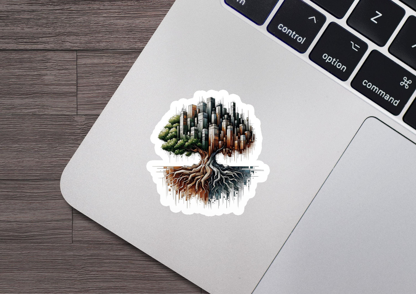 a laptop with a sticker of a tree with roots