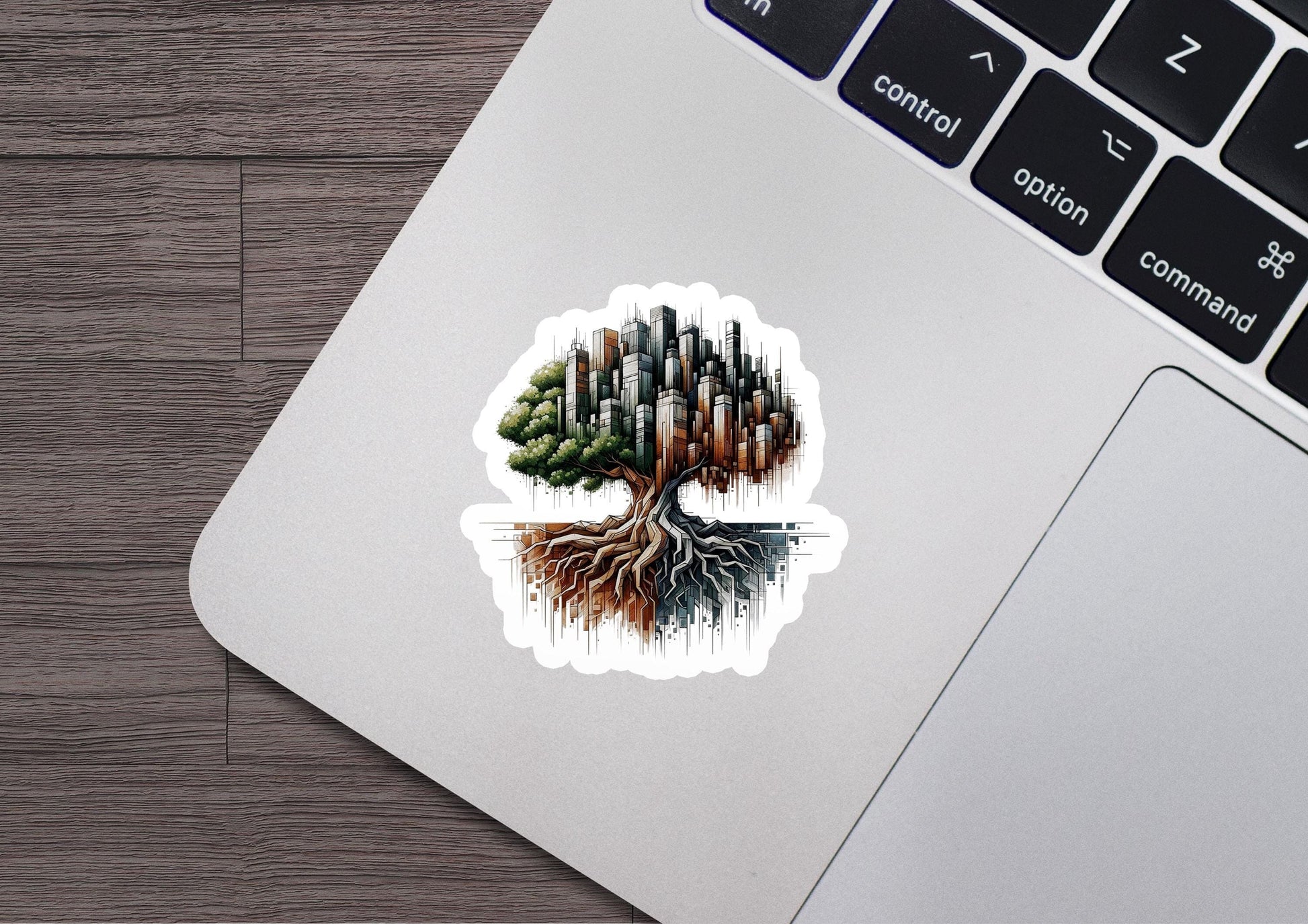 a laptop with a sticker of a tree with roots