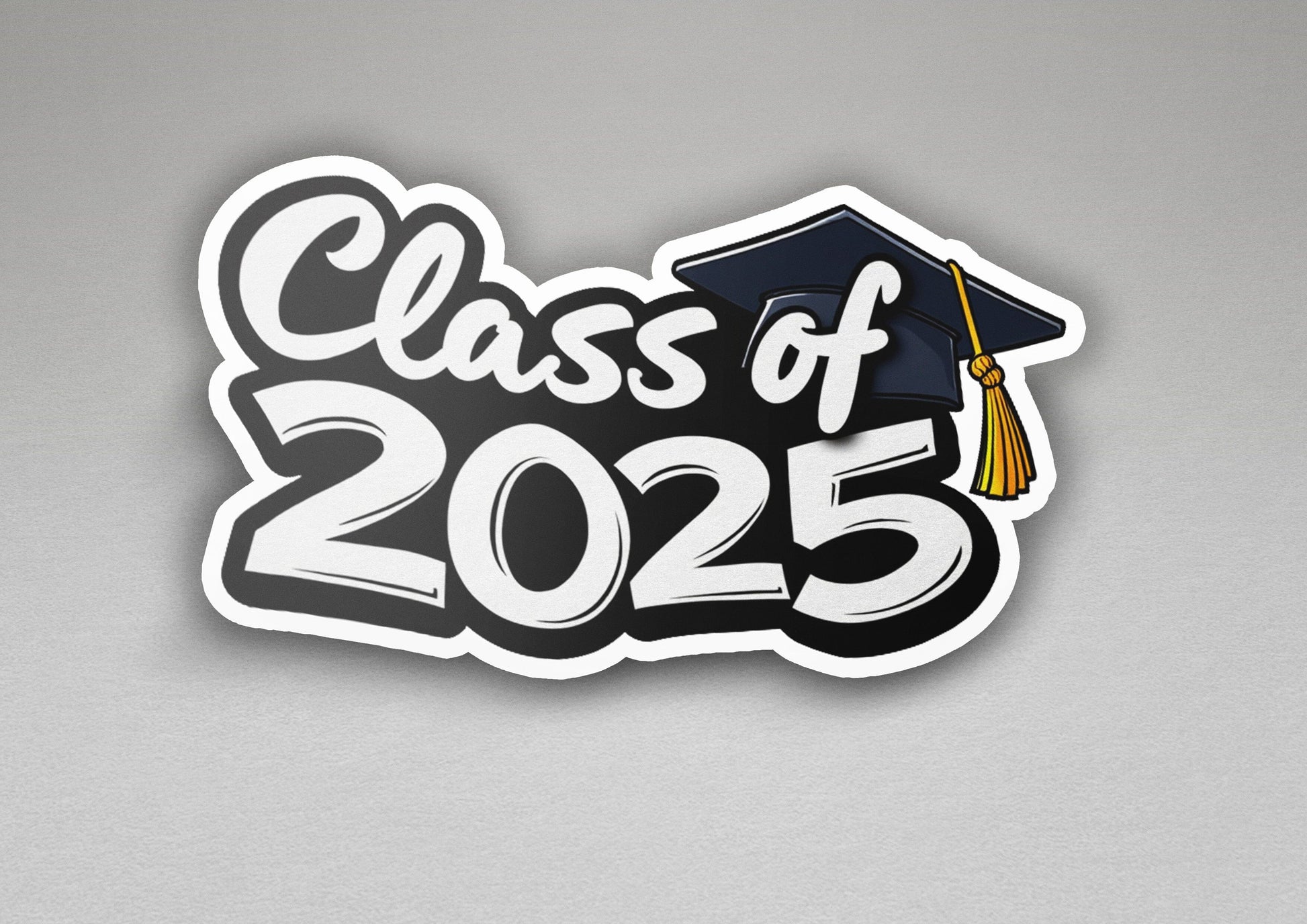 a black and white sticker with a graduation cap on it
