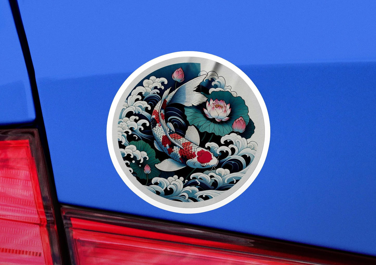 a sticker of a koi fish on the back of a car