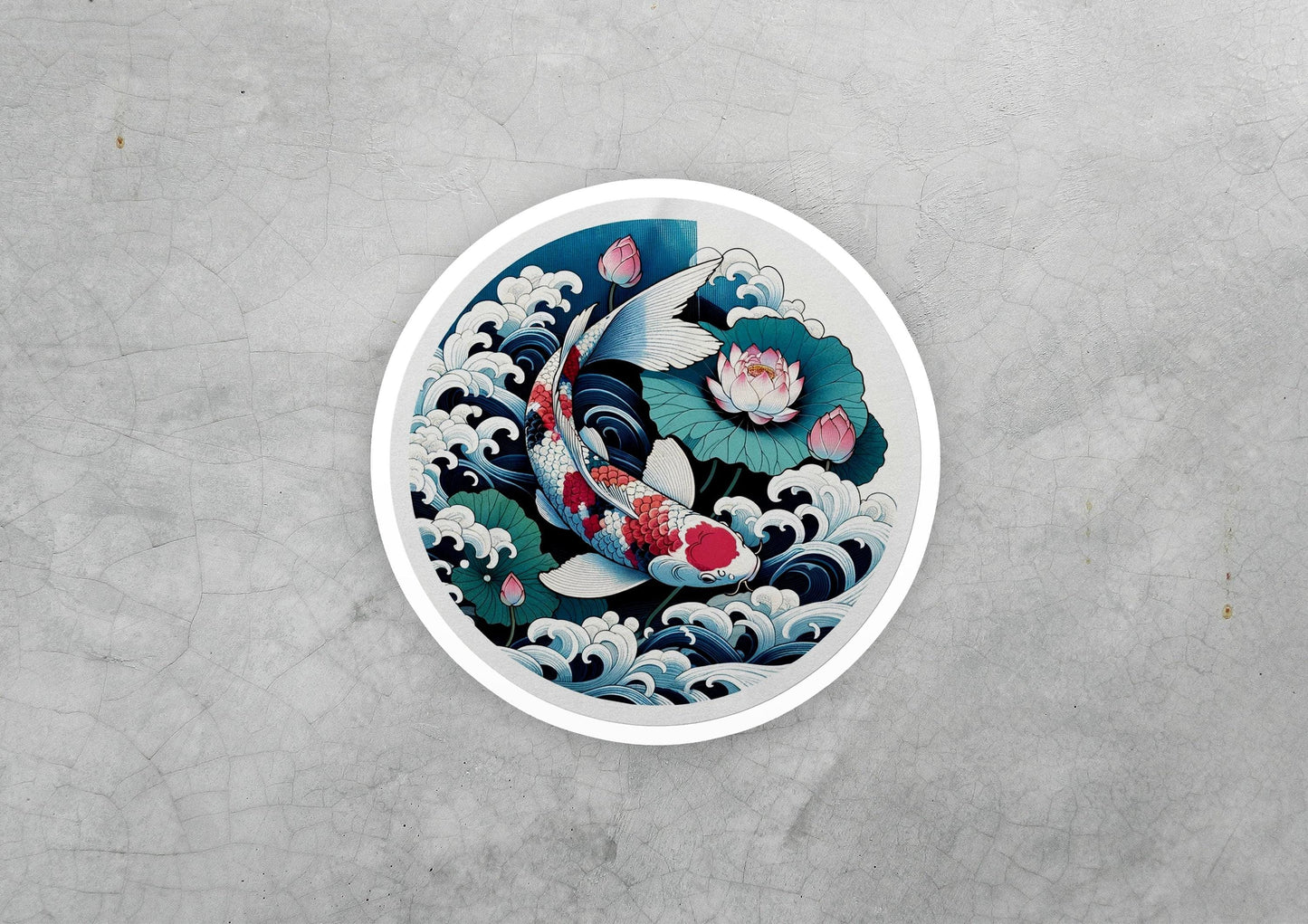 a painting of a koi fish in a wave on a plate