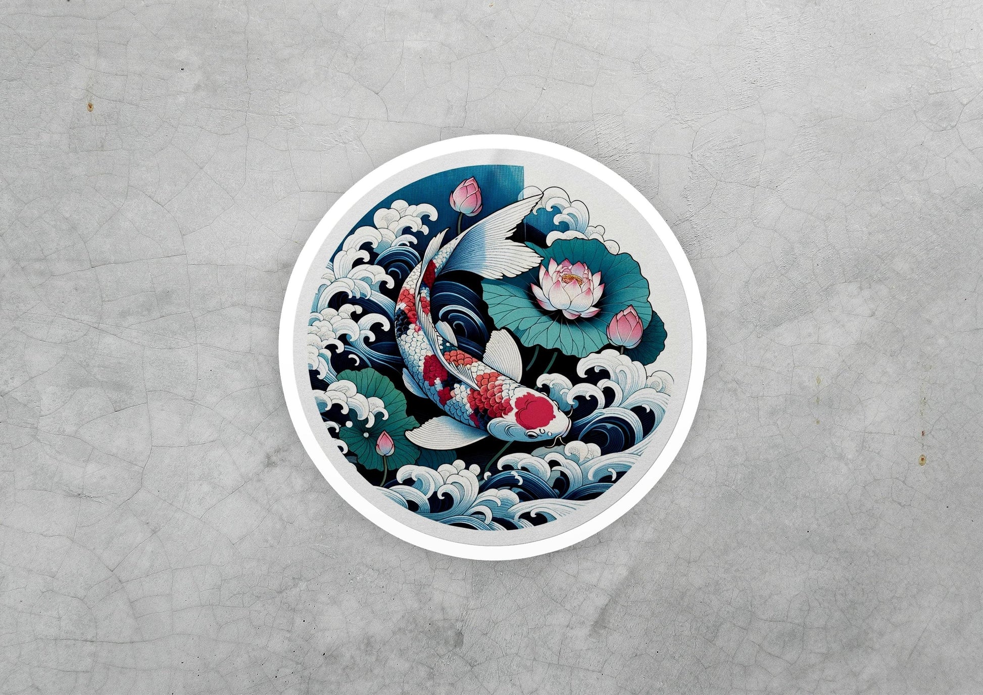 a painting of a koi fish in a wave on a plate