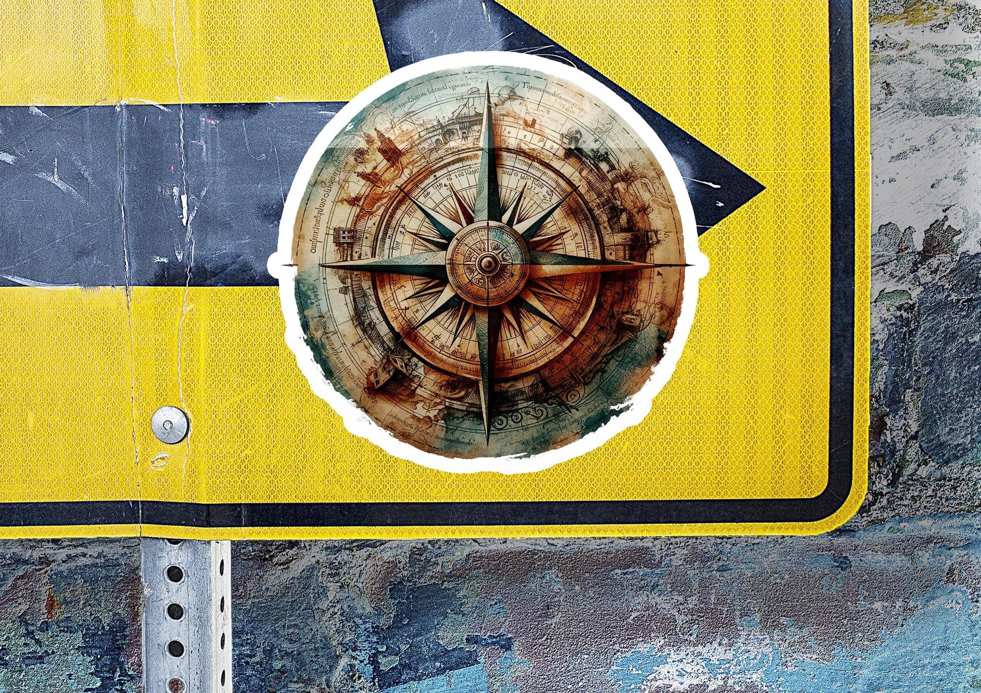 a close up of a street sign with a compass
