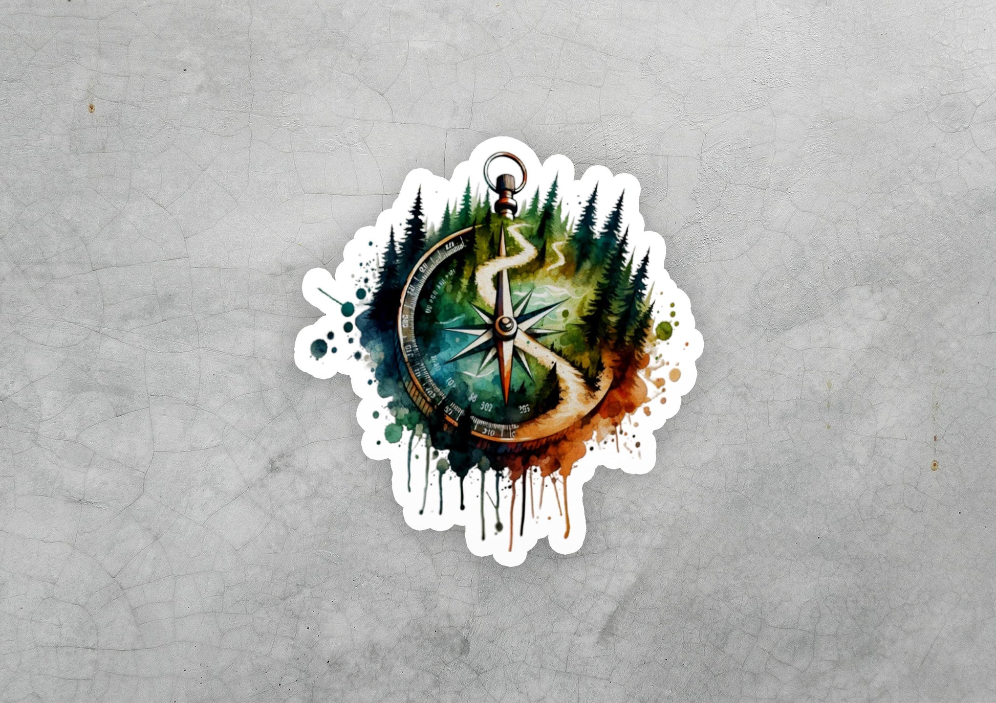 a sticker with a compass and trees on it