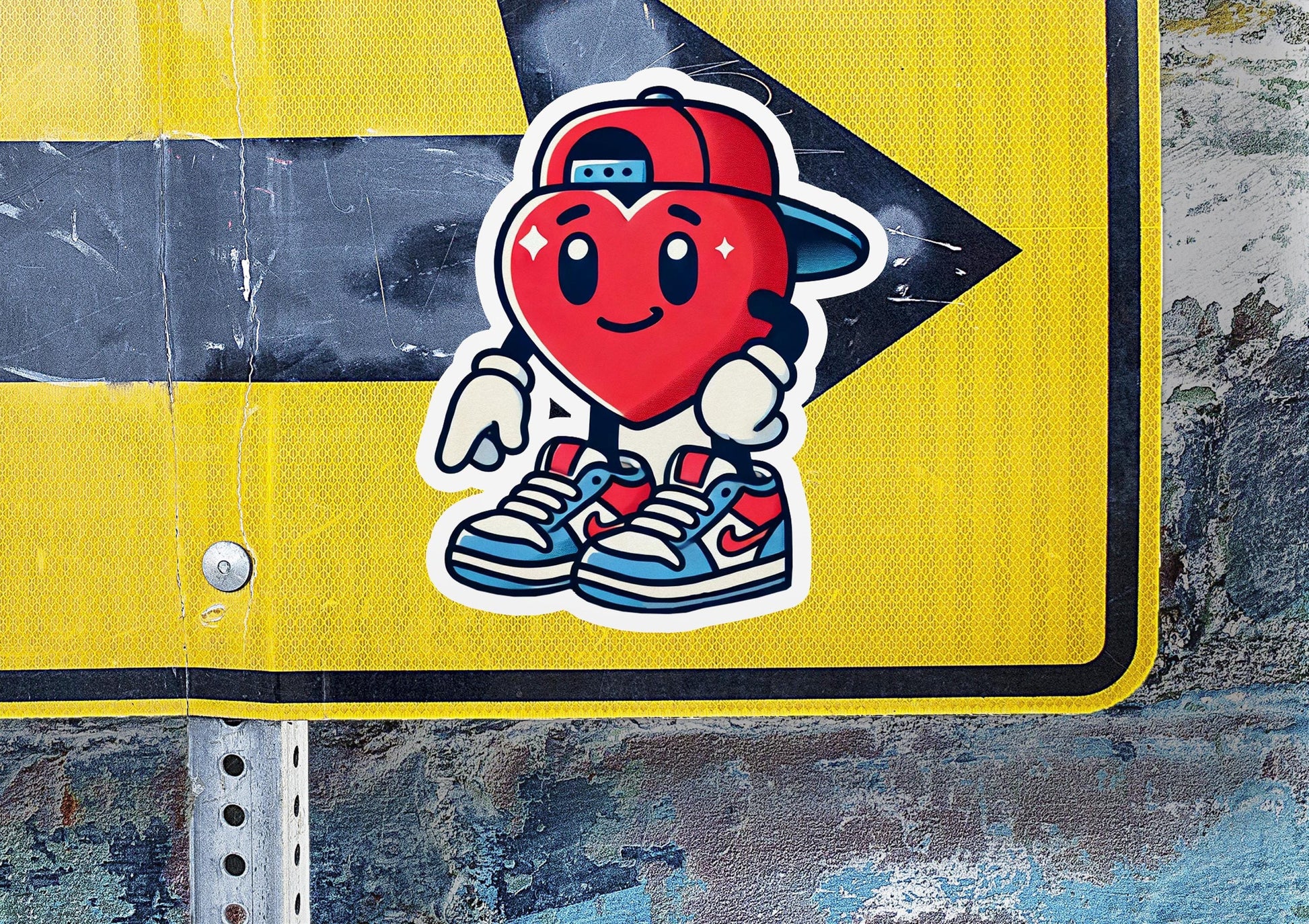 a sticker of a heart wearing a hat and holding a pair of tennis shoes