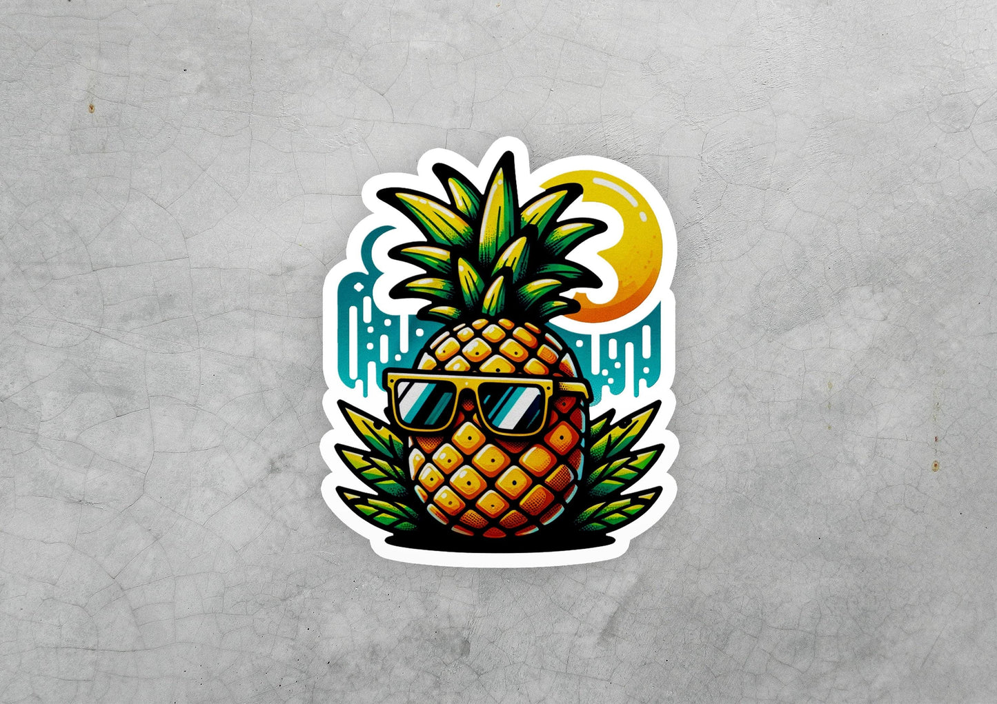 a sticker of a pineapple wearing sunglasses