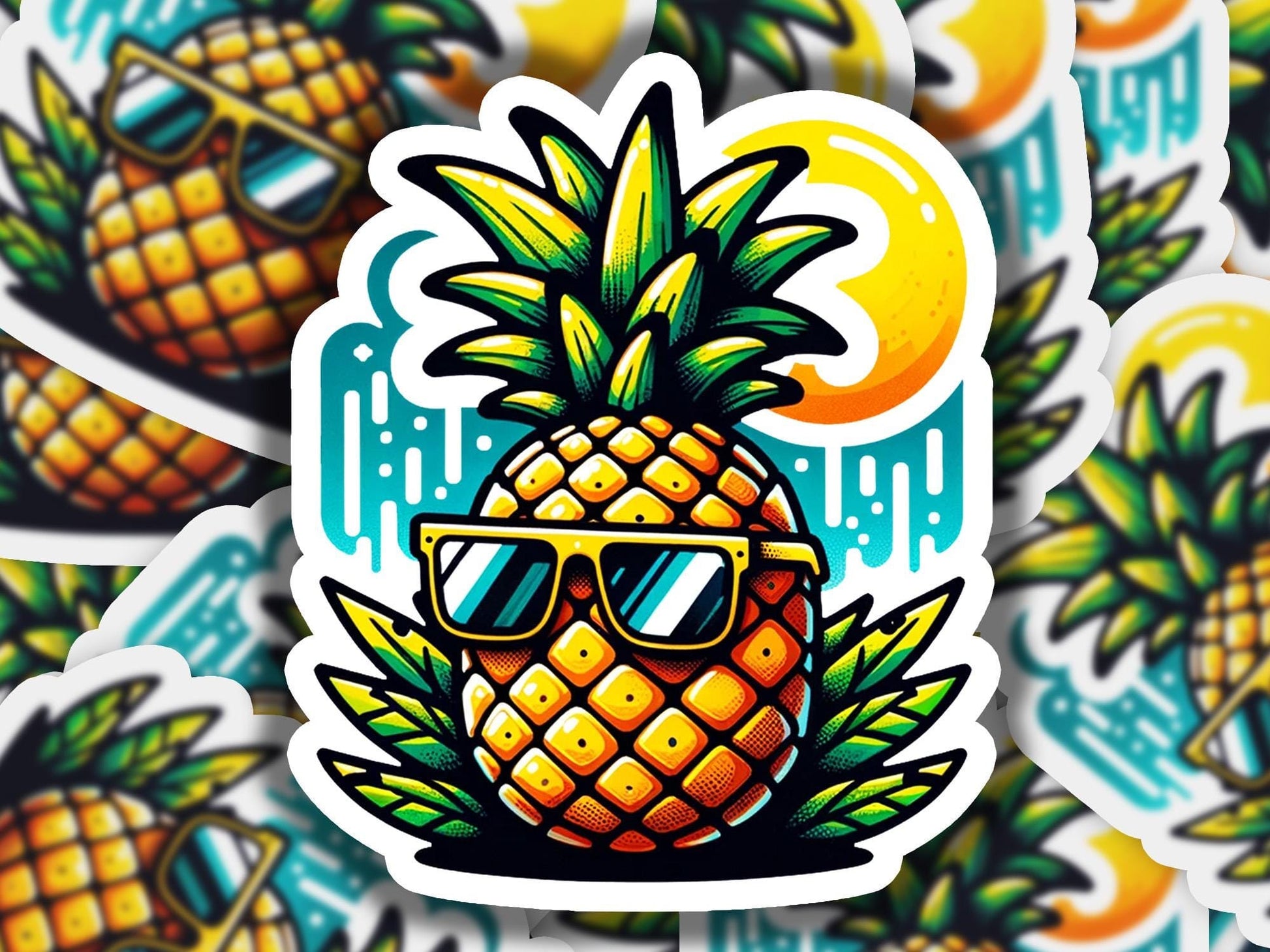 a sticker of a pineapple wearing sunglasses