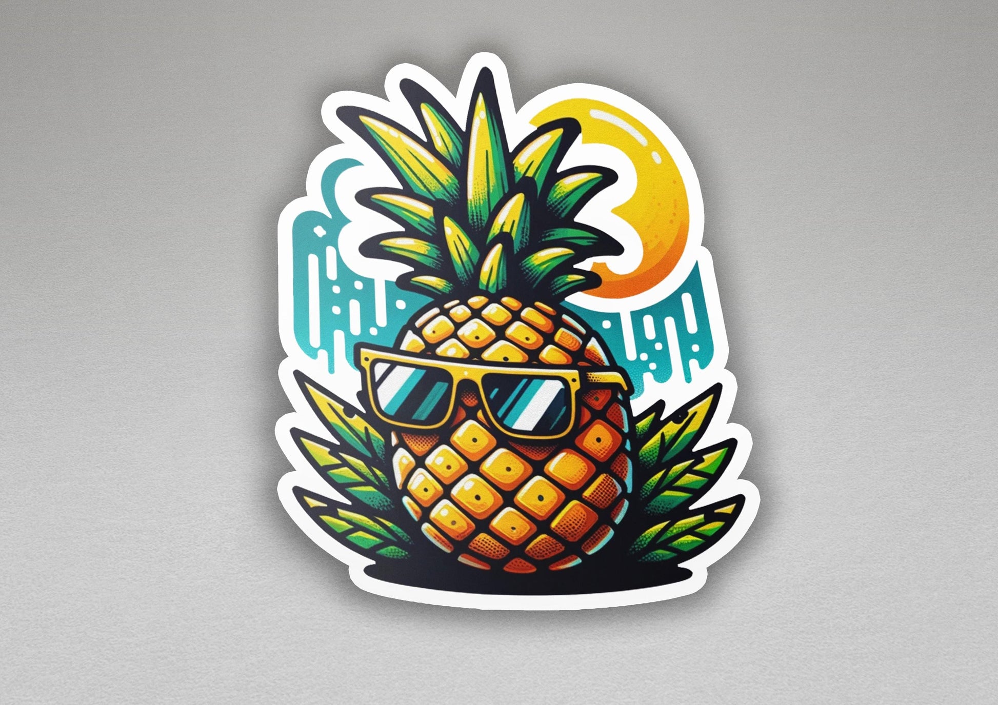 a sticker of a pineapple wearing sunglasses