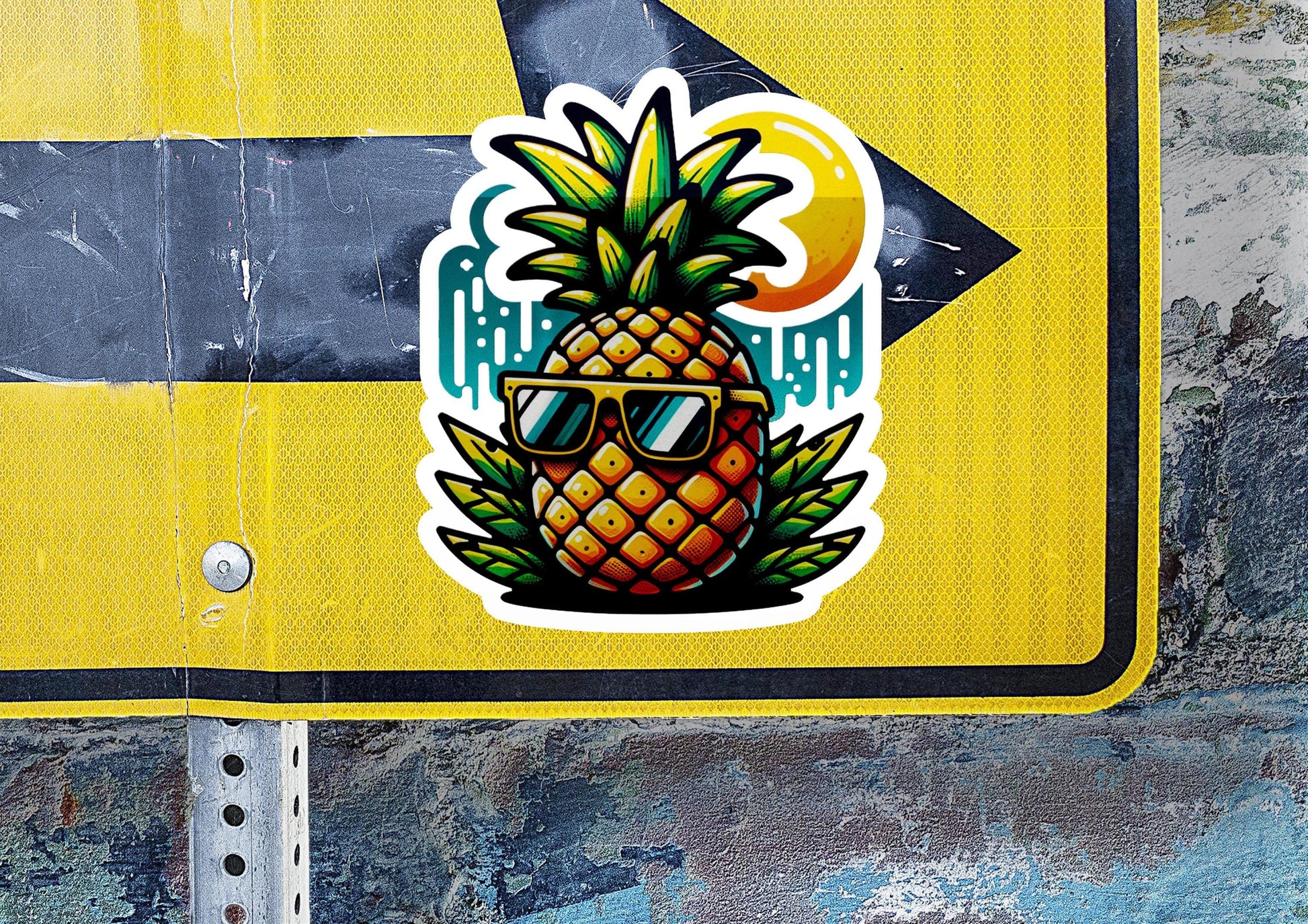 a yellow street sign with a pineapple sticker on it