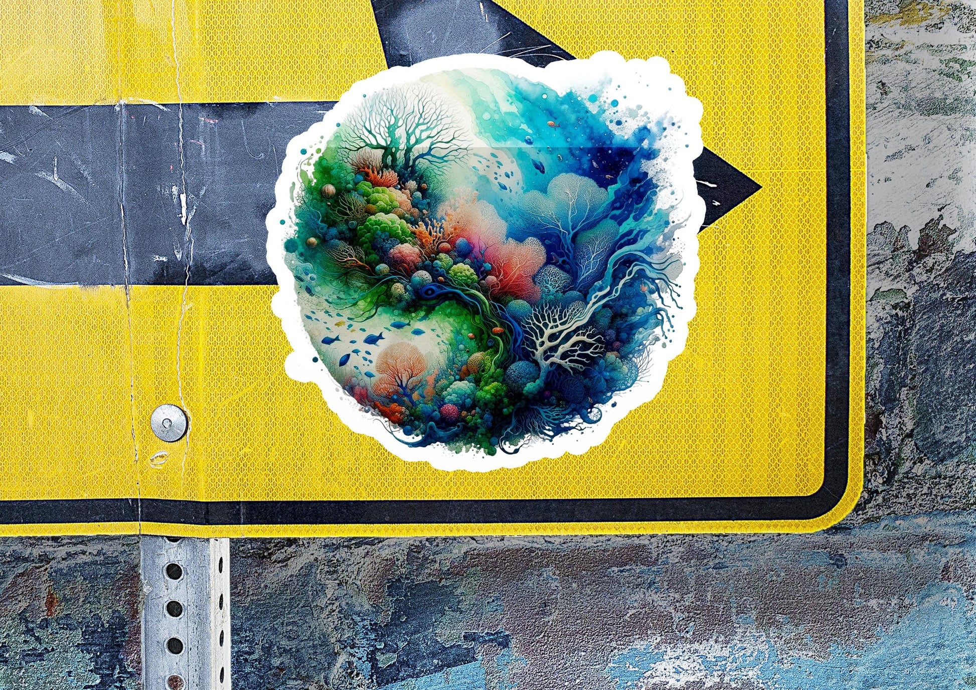 a sticker of a painting on a yellow and black street sign
