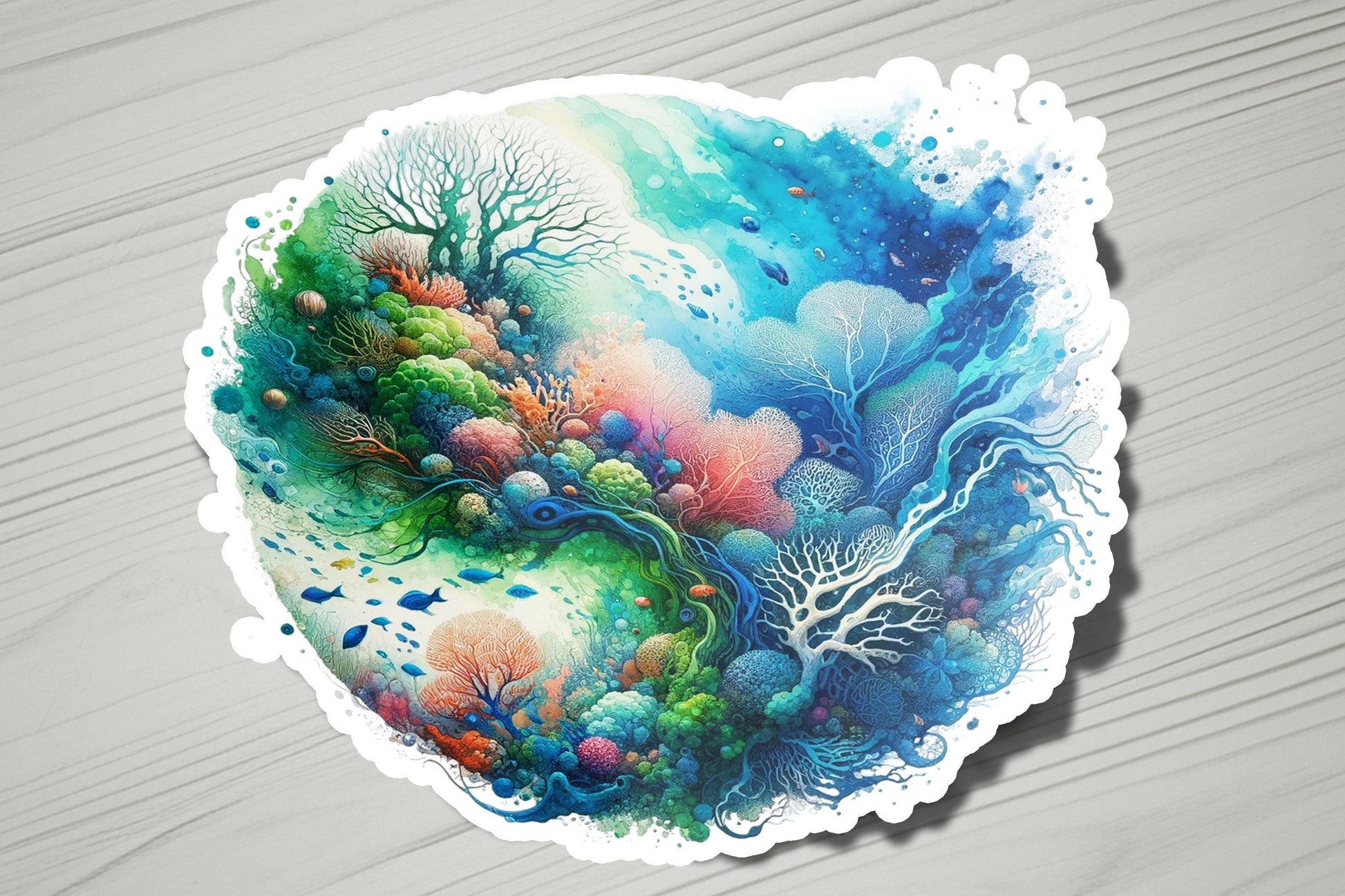 a sticker of a painting of trees and water