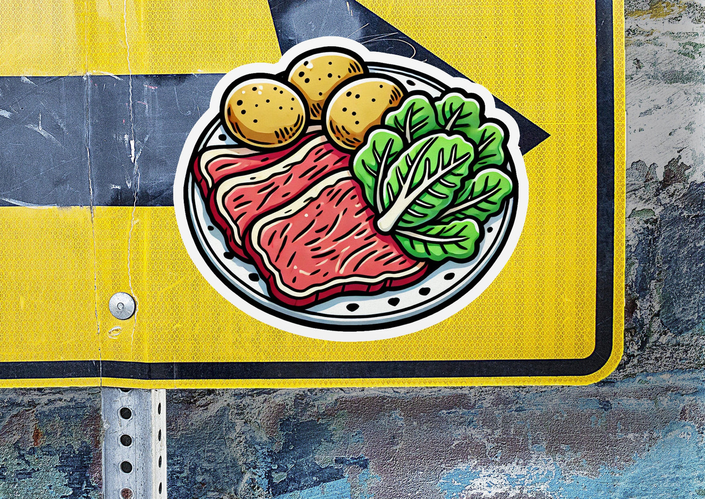 a sticker of a plate of meat and vegetables