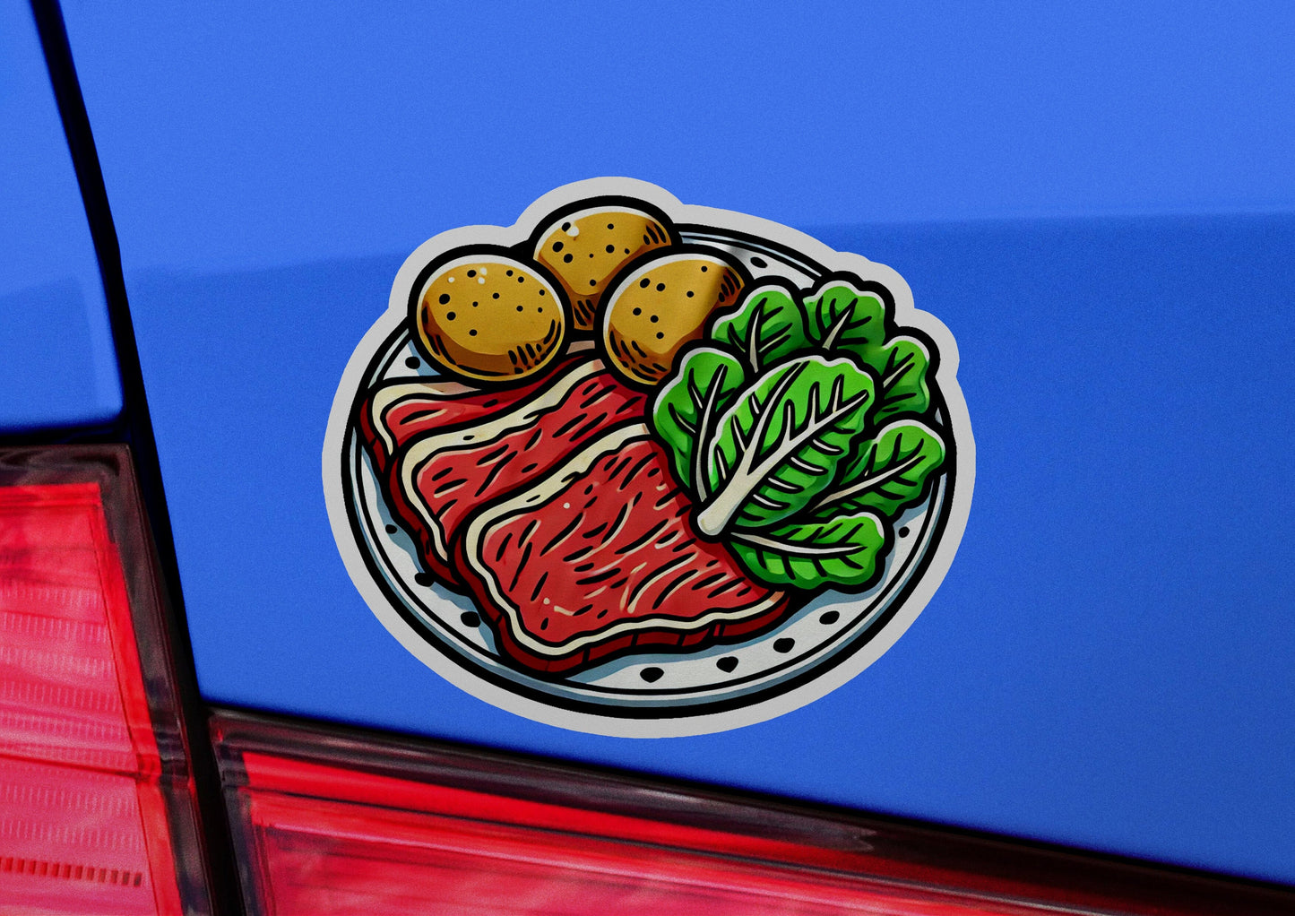 a close up of a plate of food on the back of a car