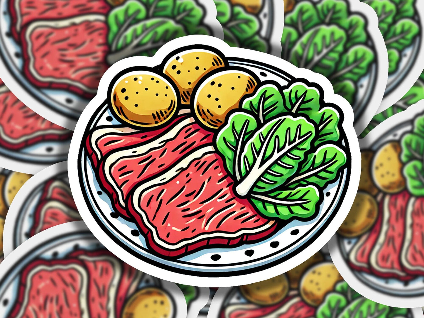 a plate of meat with lettuce and potatoes