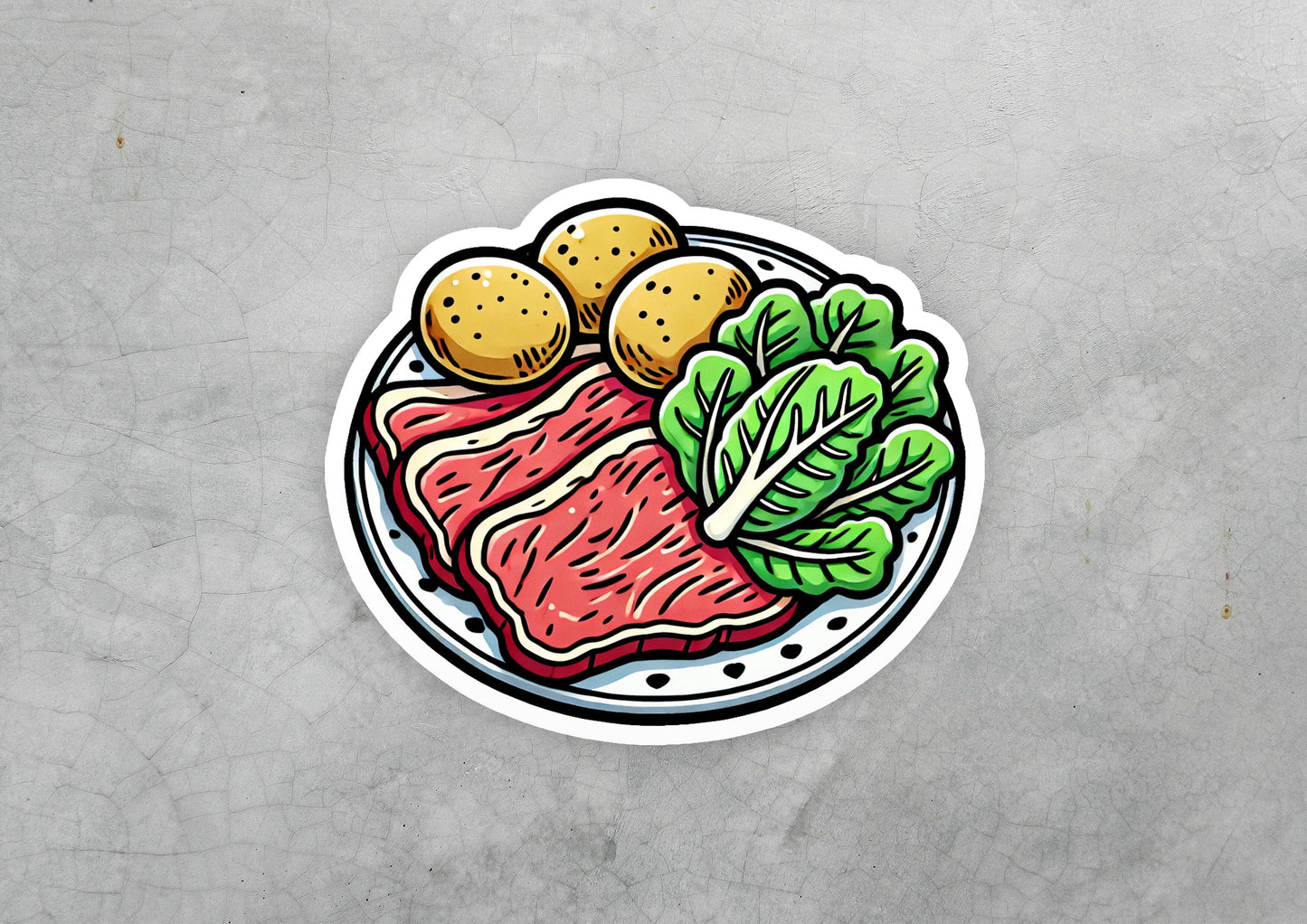 a sticker of a plate of meat and vegetables