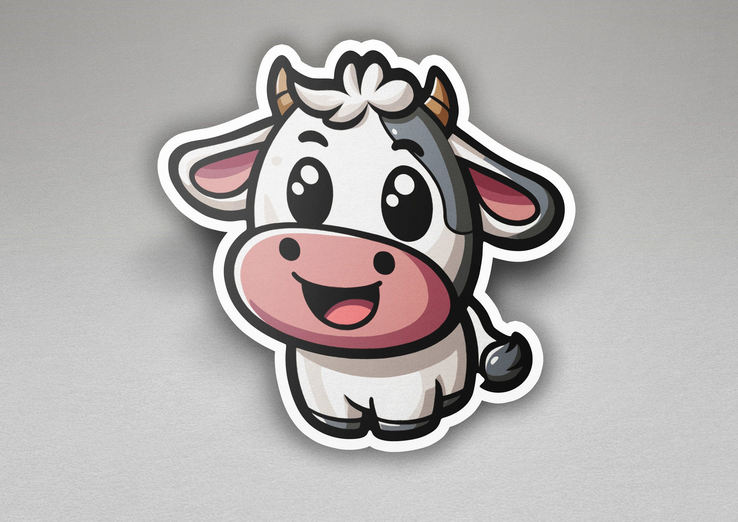 a sticker of a cow with a bow on its head