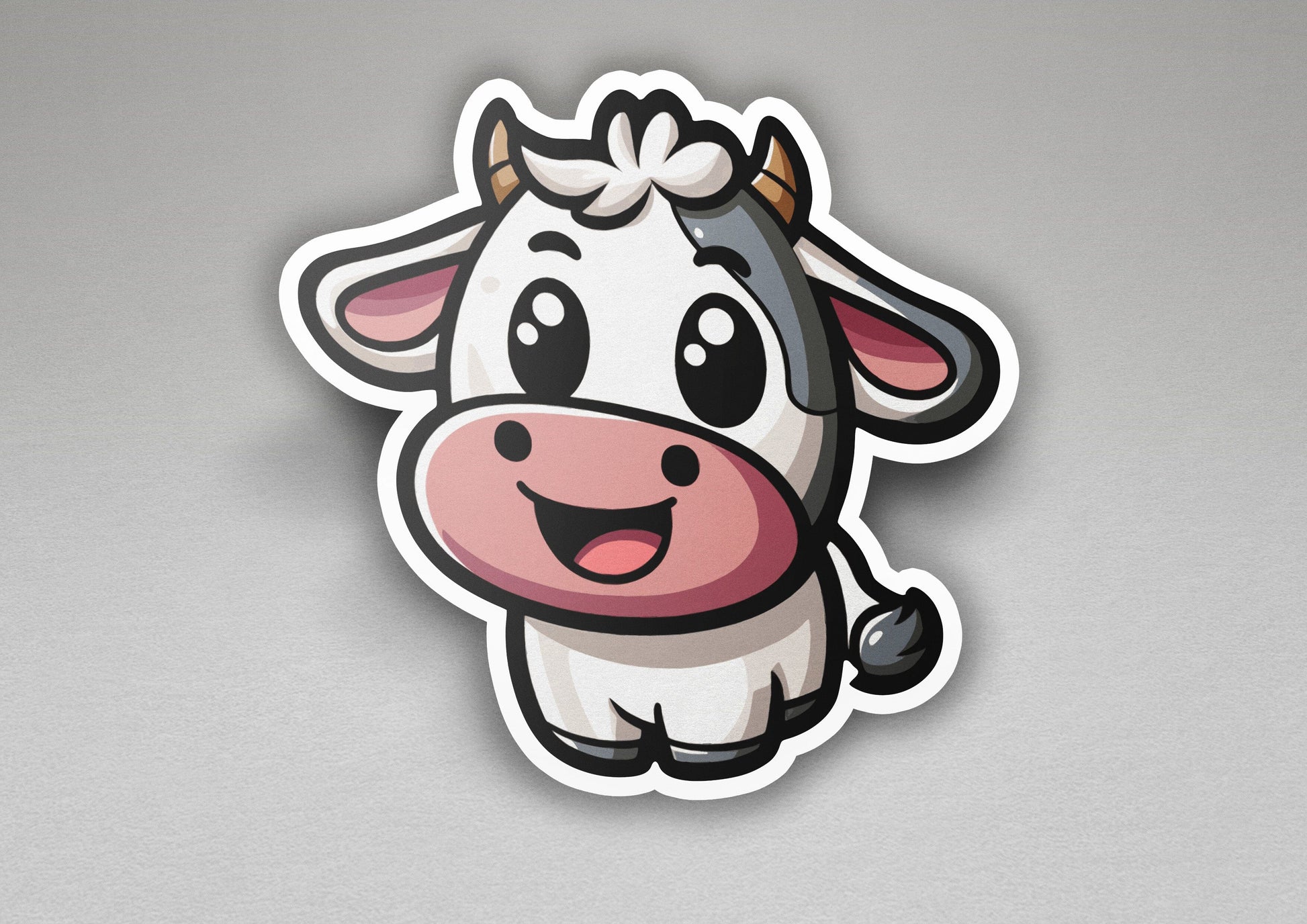 a sticker of a cow with a bow on its head