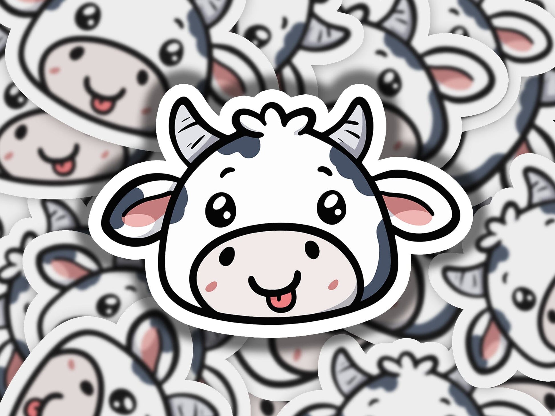 a sticker of a cow surrounded by other stickers