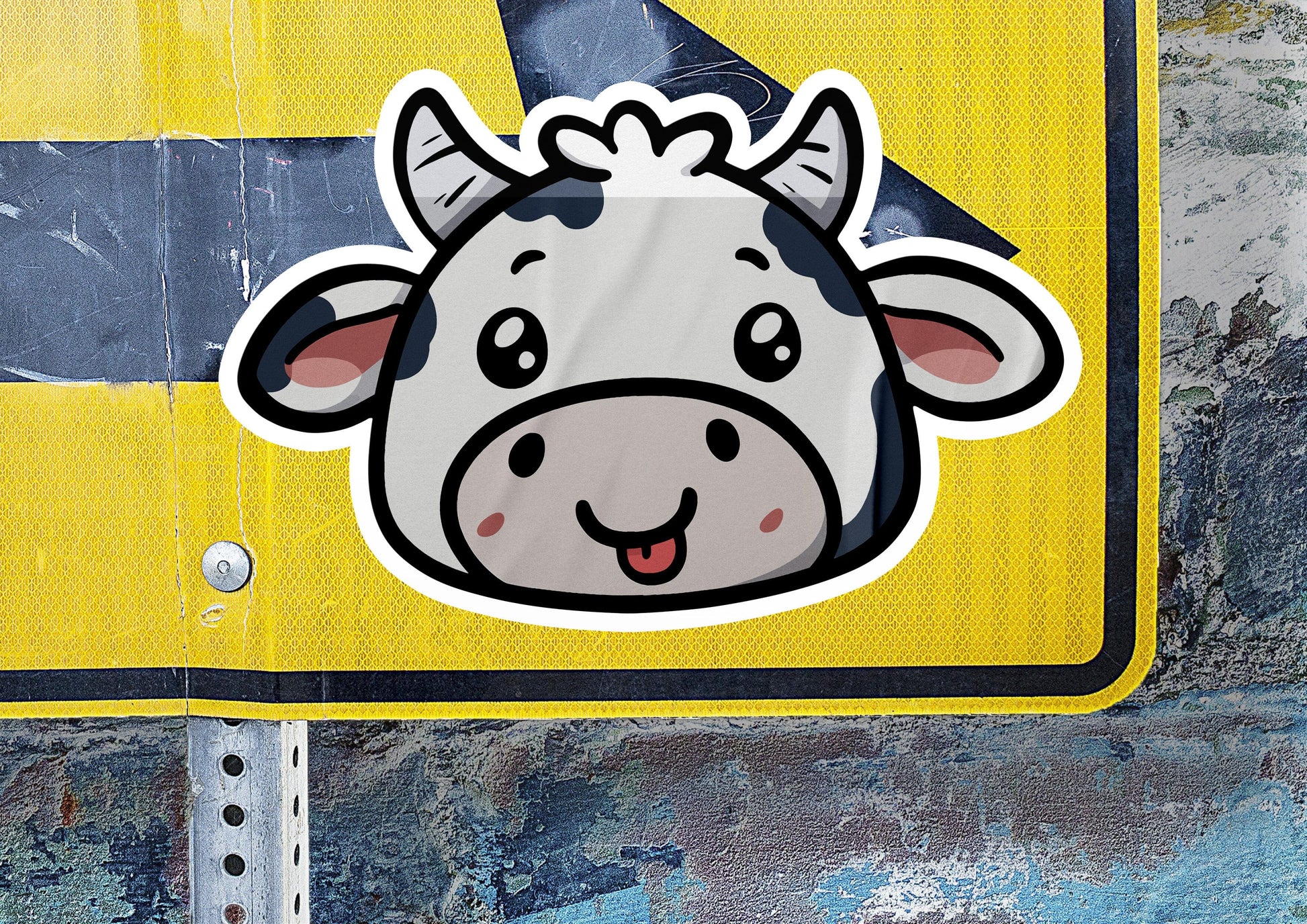 a close up of a street sign with a cow on it