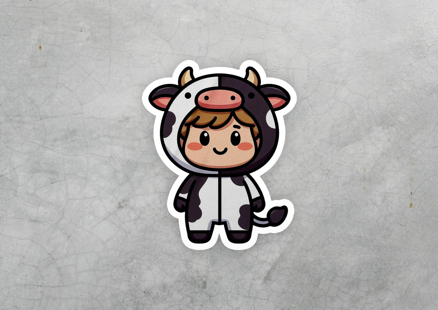 a sticker of a cow wearing a cow costume