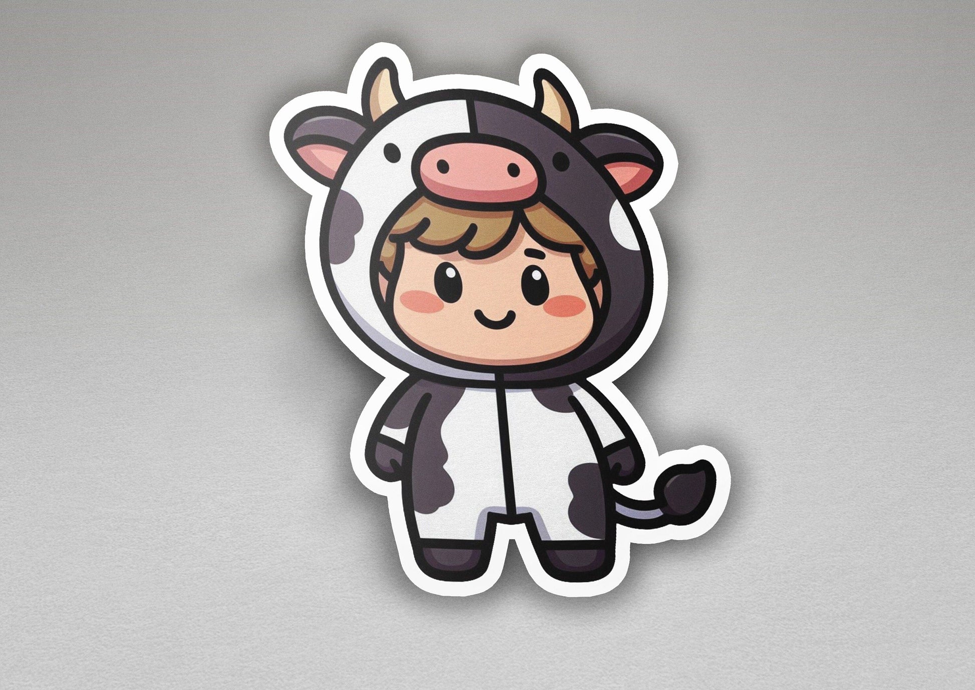 a sticker of a cow wearing a cow costume