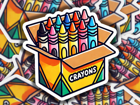 a box of crayons sticker on a colorful background