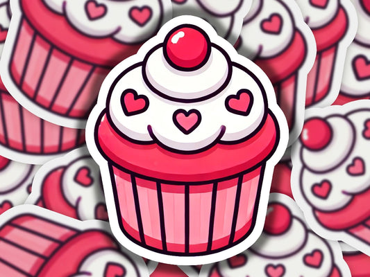 a sticker of a cupcake with a cherry on top