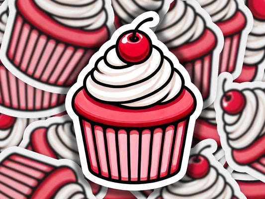 a sticker of a cupcake with a cherry on top