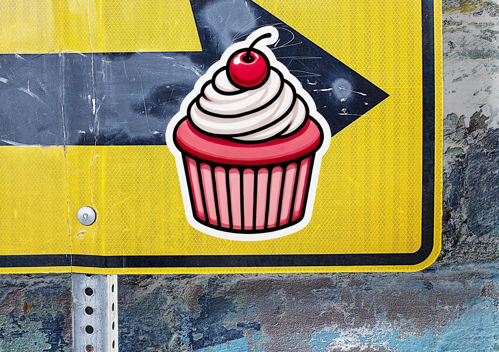 a street sign with a cupcake sticker on it