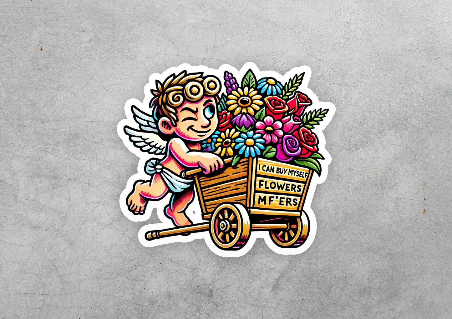 a sticker of an angel with a wheelbarrow filled with flowers