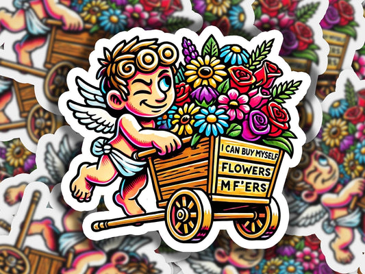 a sticker of an angel with flowers in a wheelbarrow
