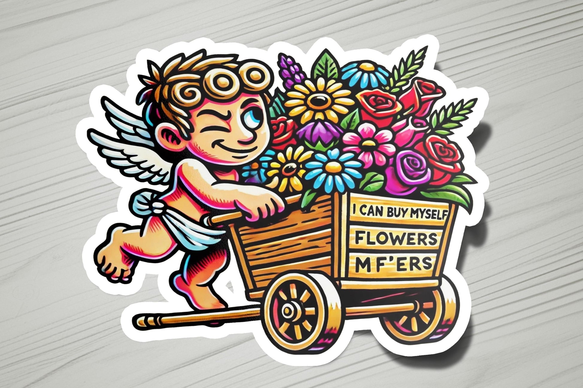 a sticker of an angel with flowers in a wheelbarrow