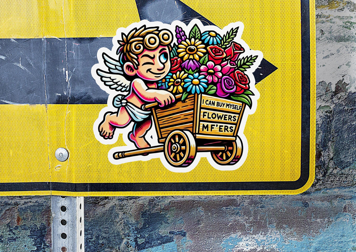 a sticker of an angel with flowers in a wheelbarrow
