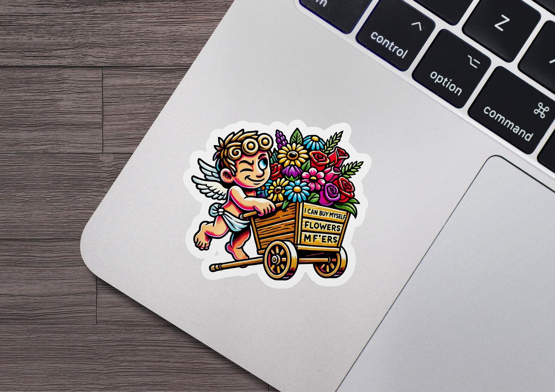 a sticker of an angel with flowers on a wheelbarrow