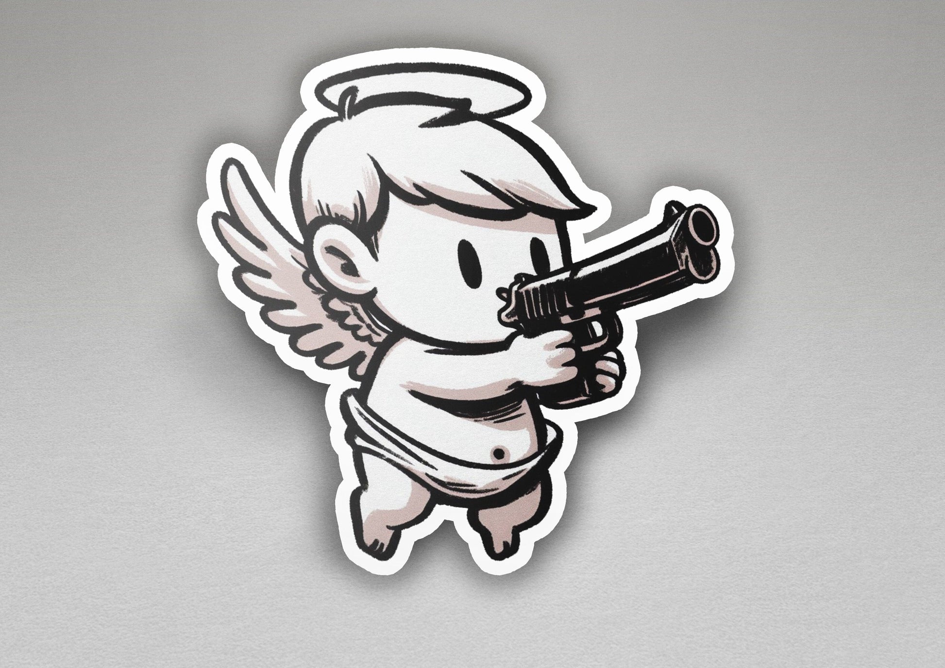 a sticker of an angel holding a gun