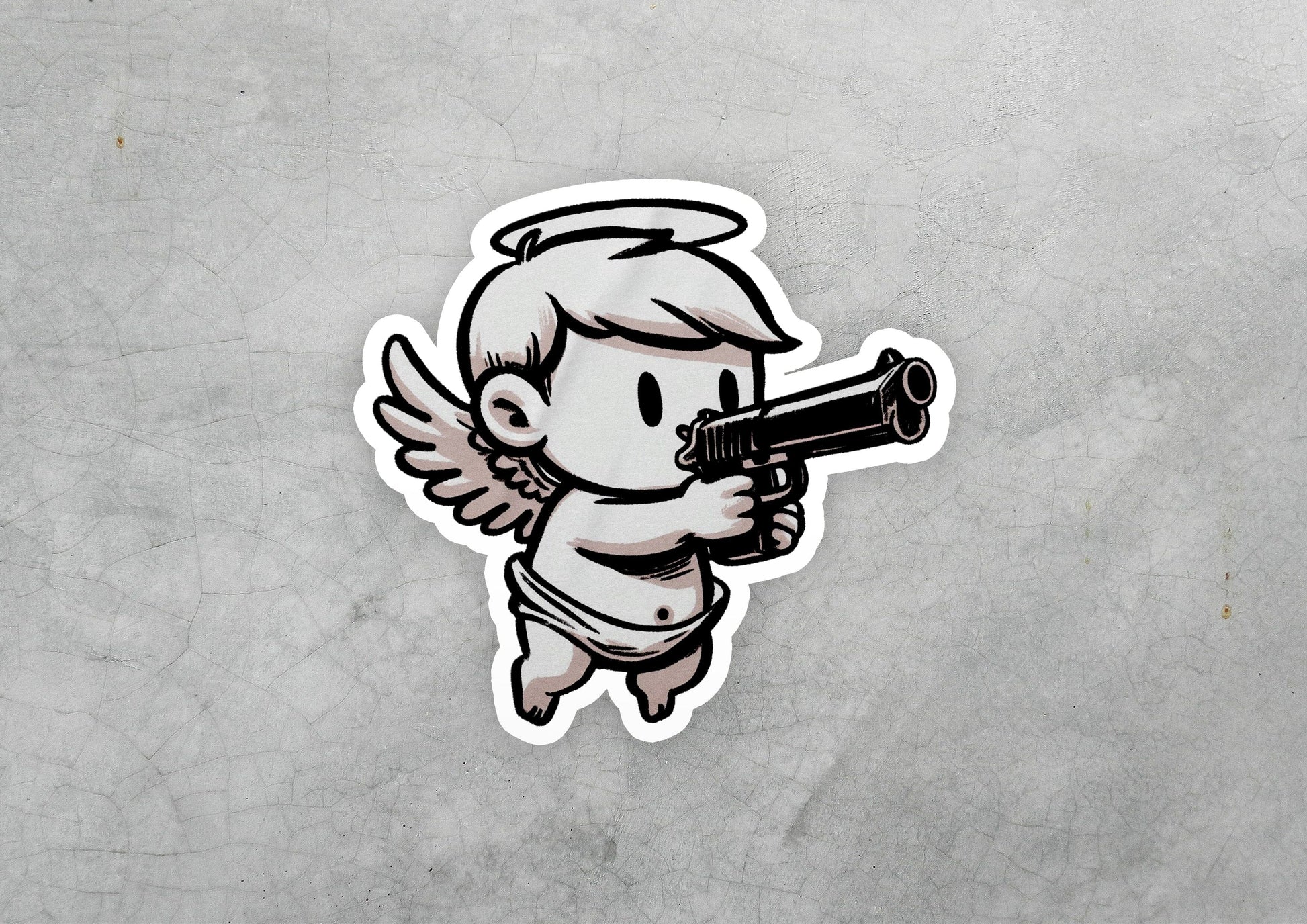 a sticker of an angel holding a gun