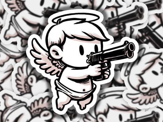 a sticker of an angel holding a gun