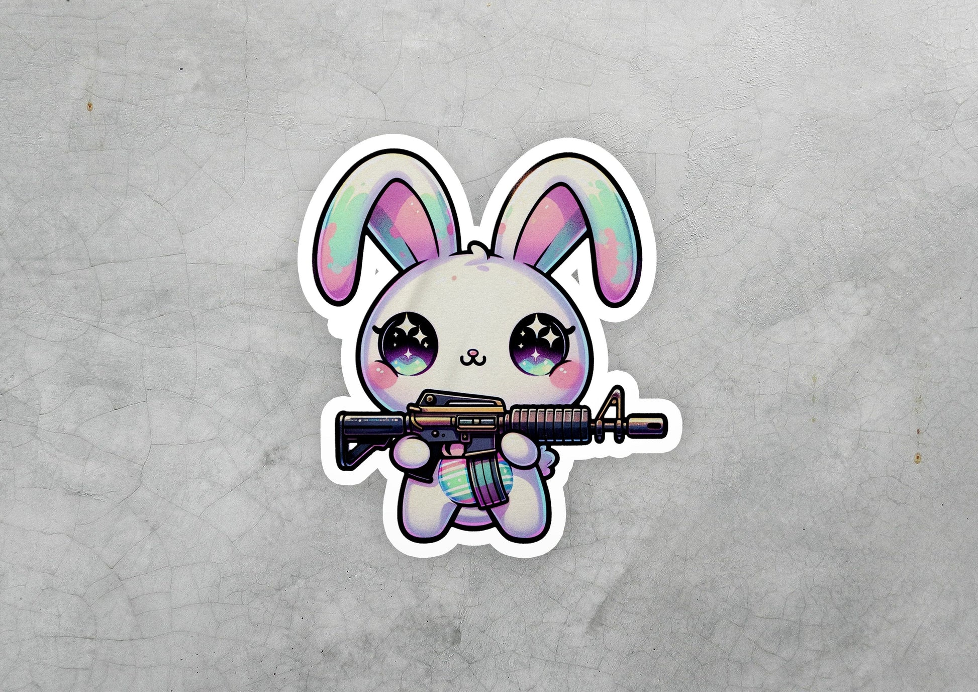 a sticker of a bunny with a gun