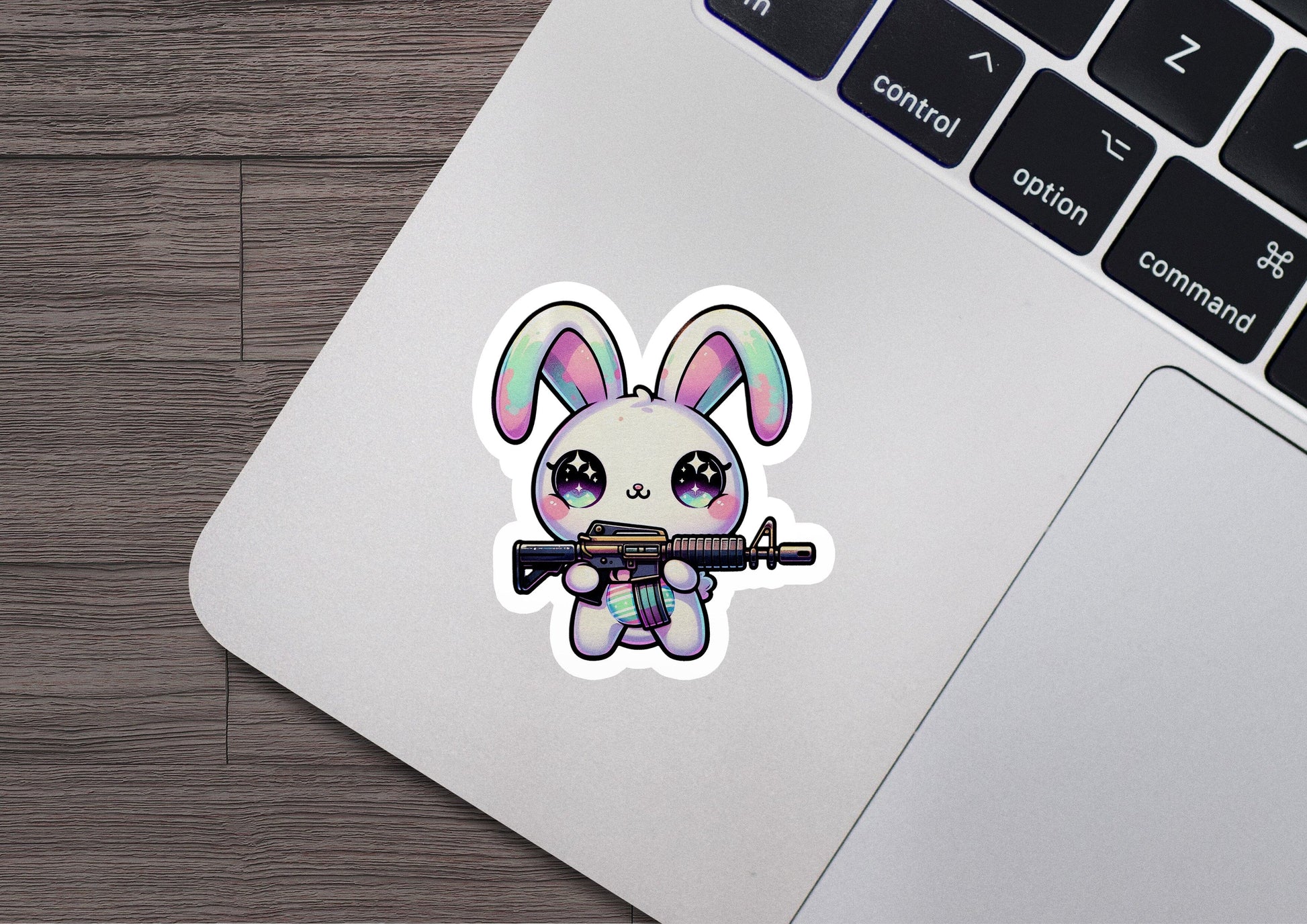 a sticker of a rabbit holding a rifle