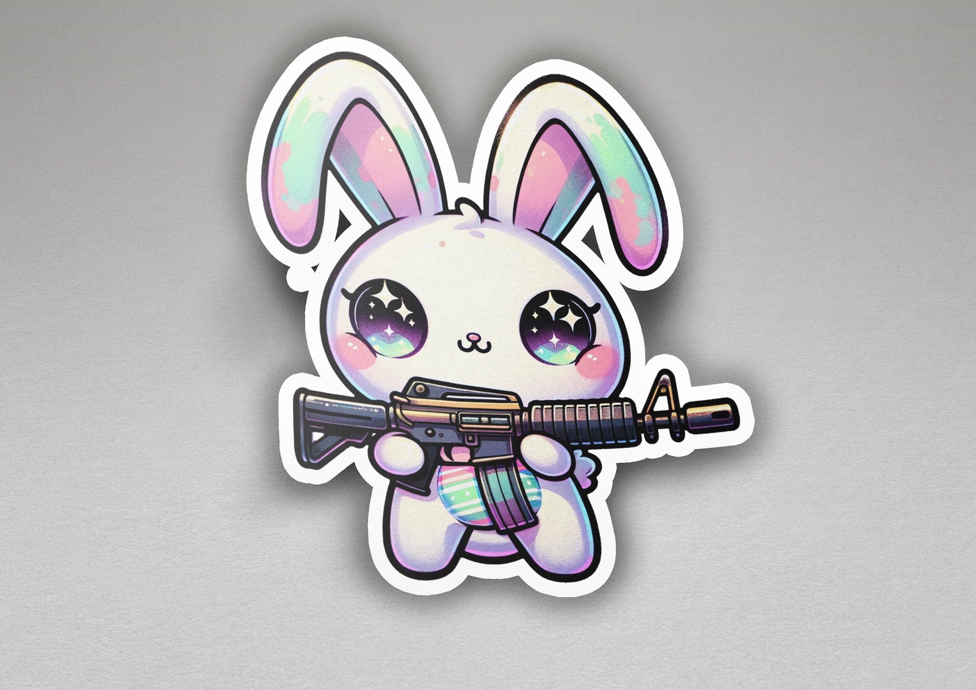 a sticker of a bunny holding a gun