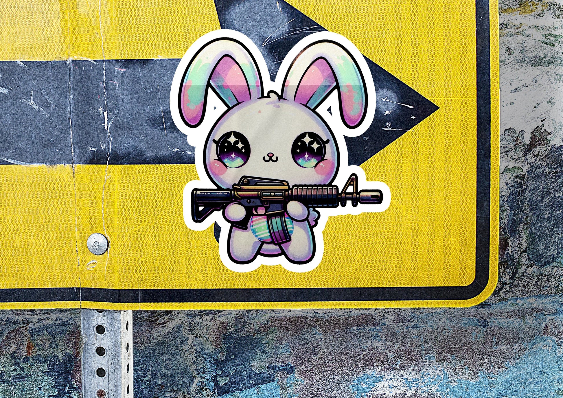 a sticker of a bunny holding a gun