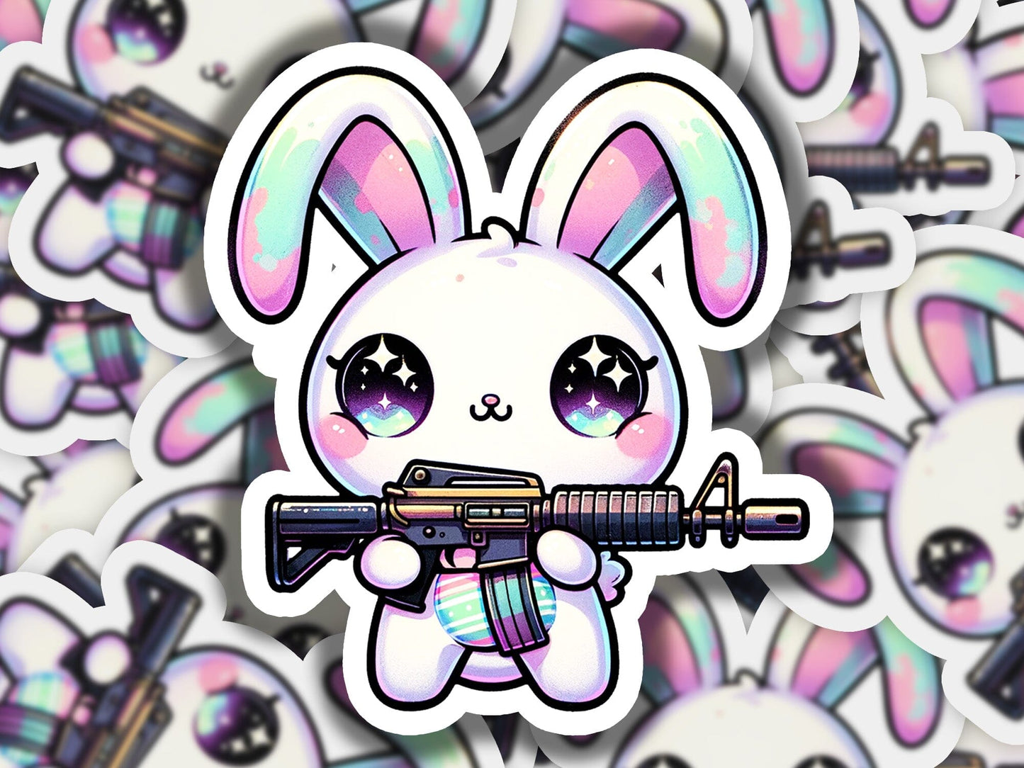 a sticker of a bunny with a gun