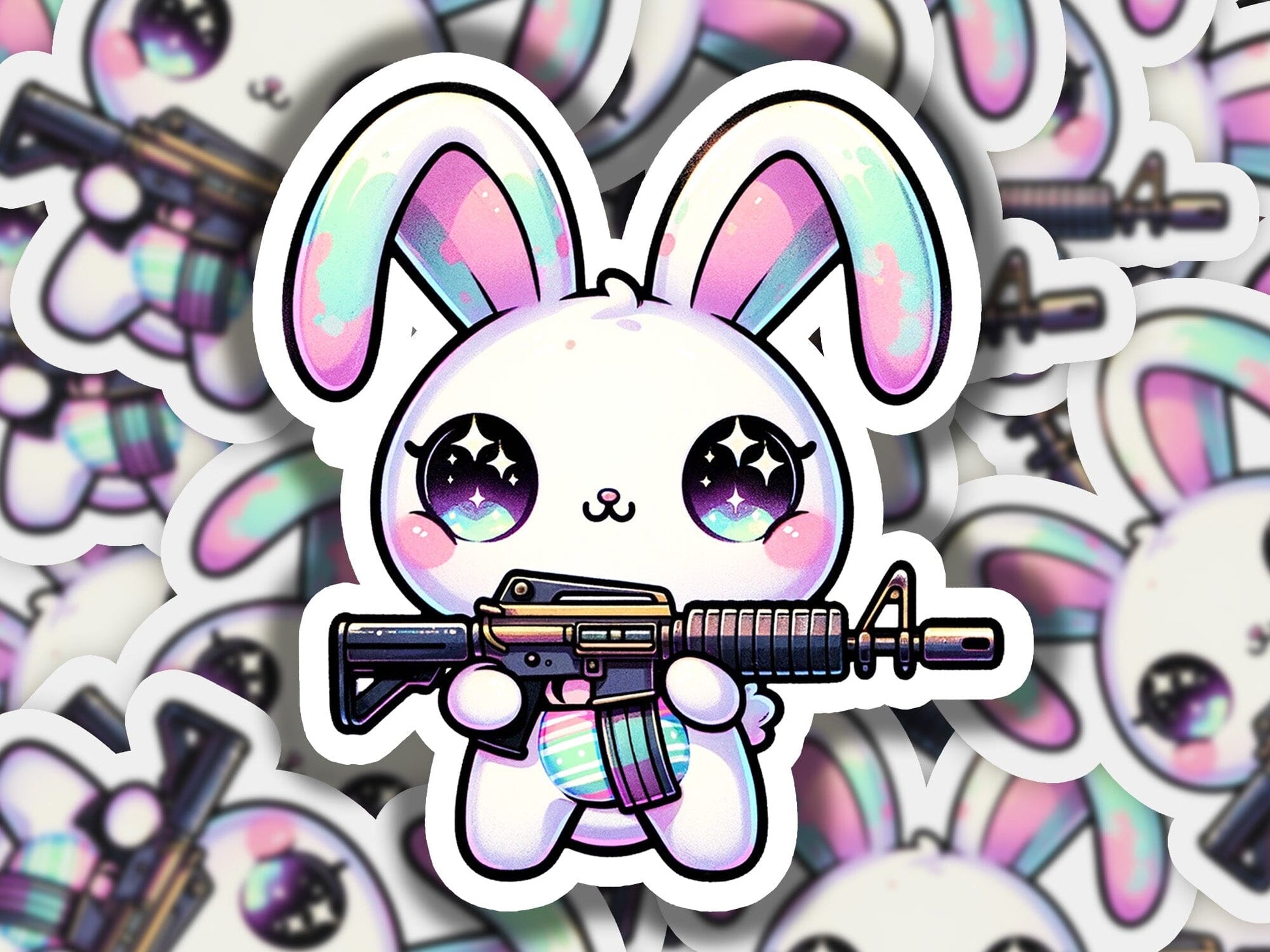a sticker of a bunny with a gun