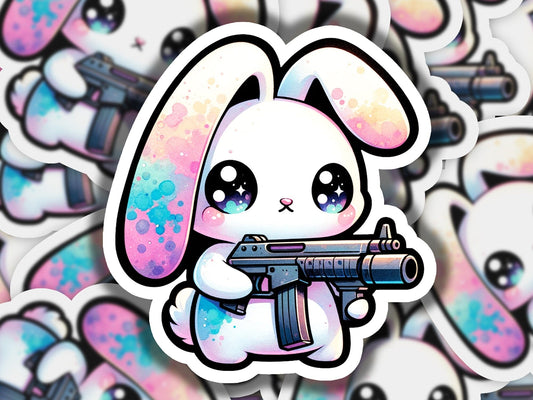a sticker of a rabbit holding a gun