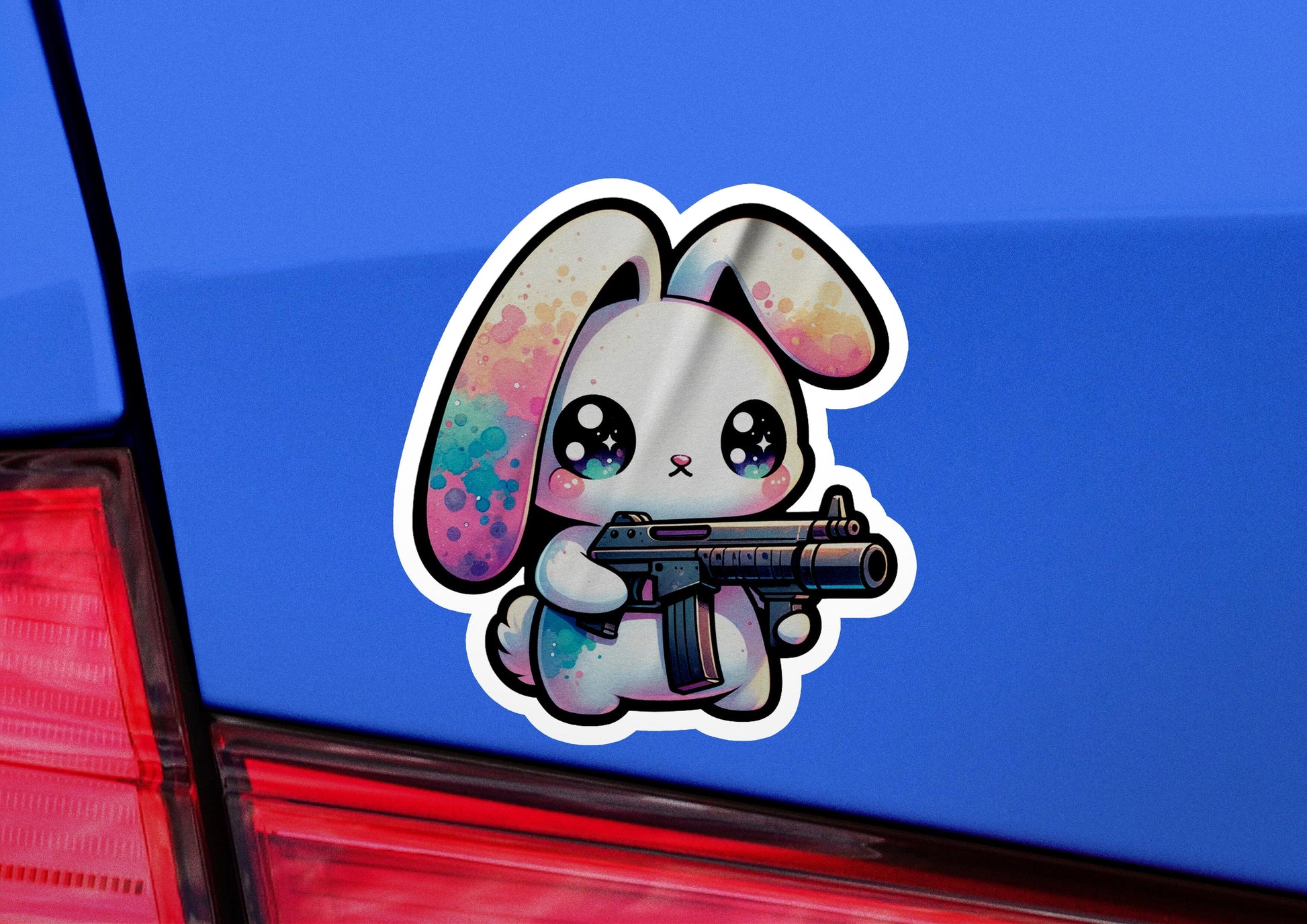 a sticker of a rabbit holding a gun