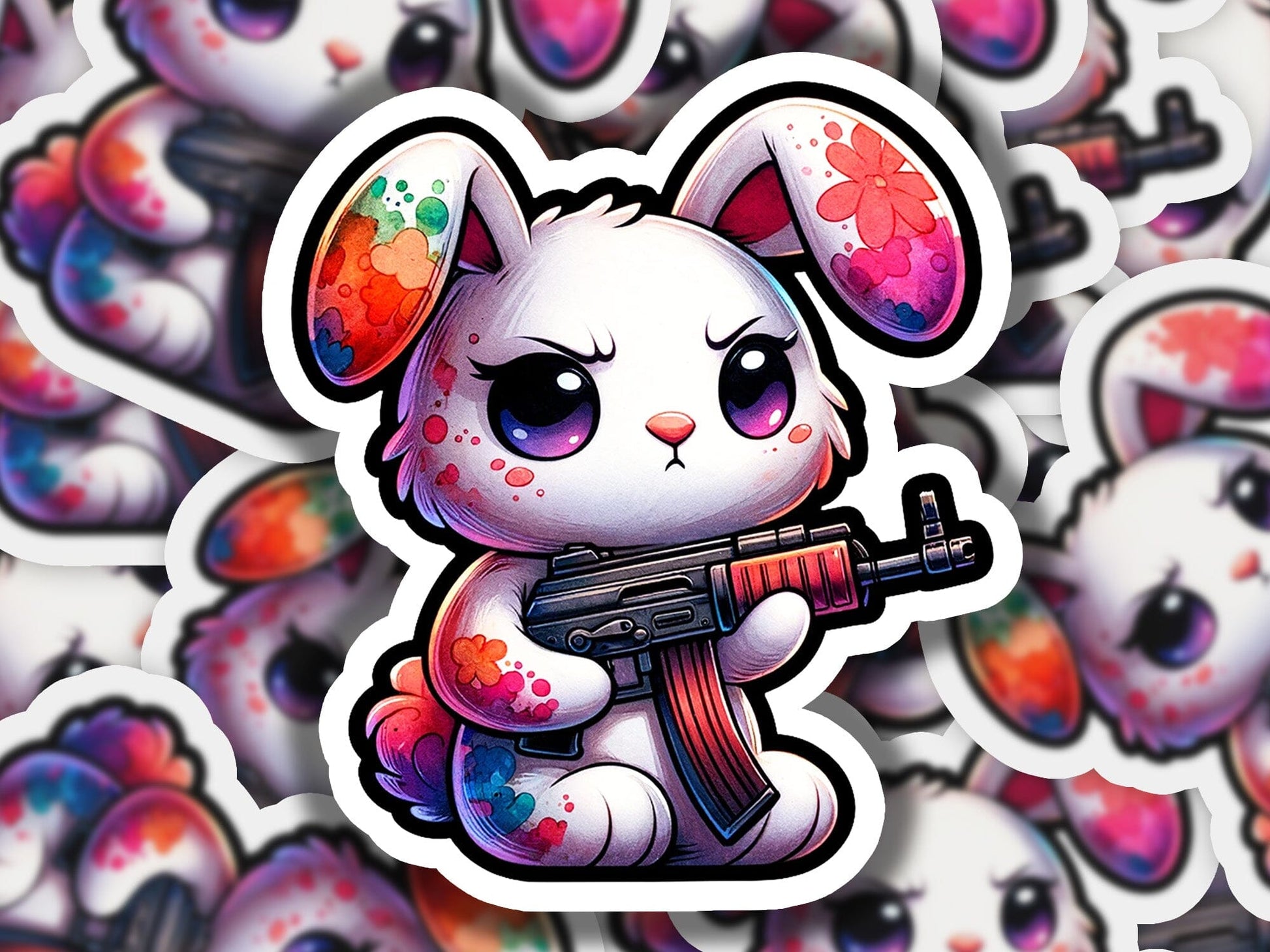a sticker of a bunny with a gun