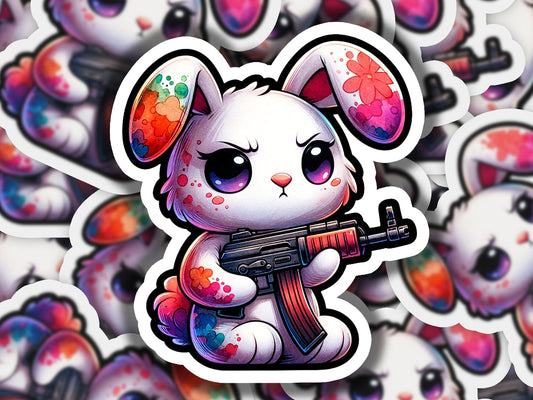 a sticker of a bunny with a gun