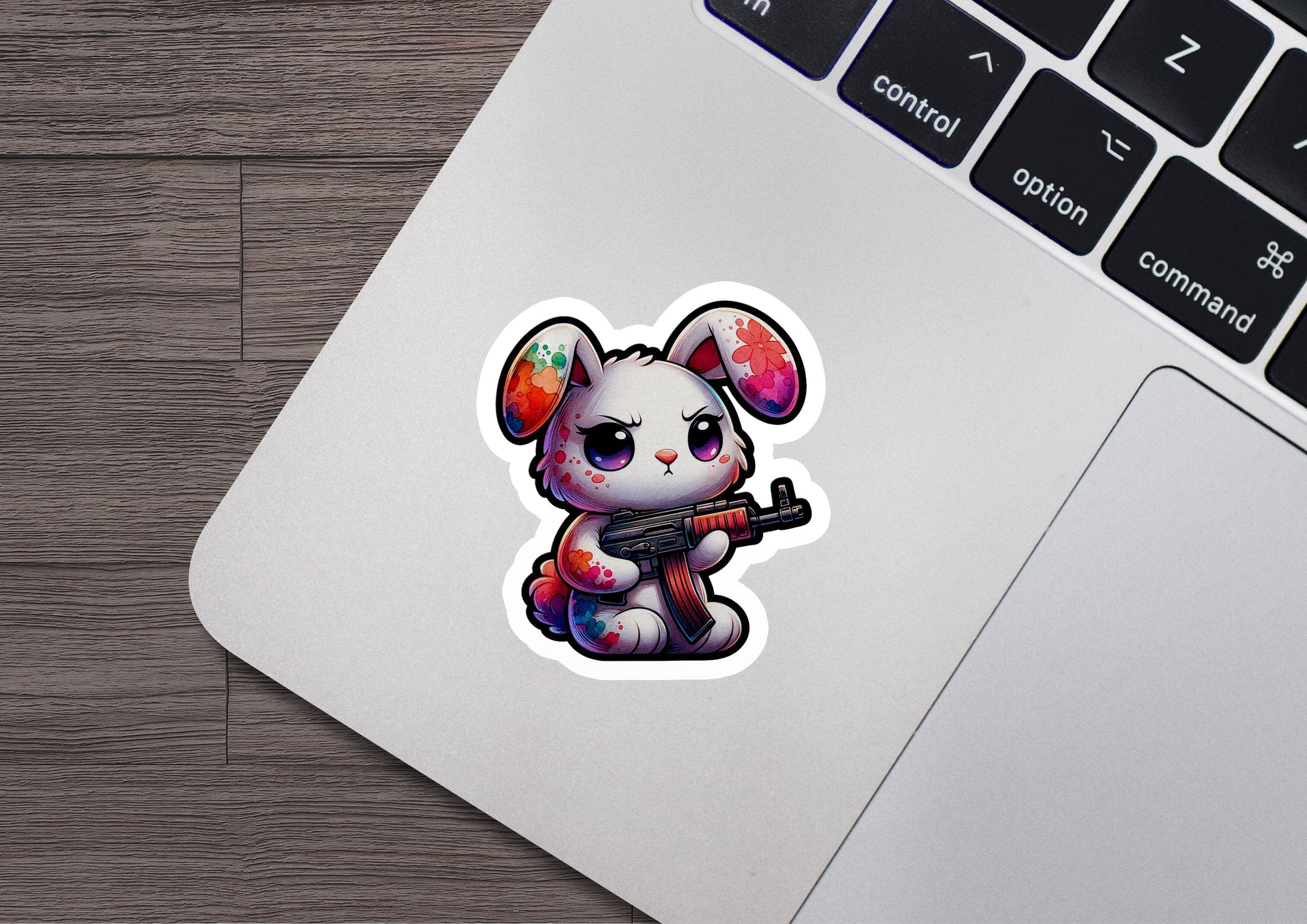 a laptop with a sticker of an animal holding a gun